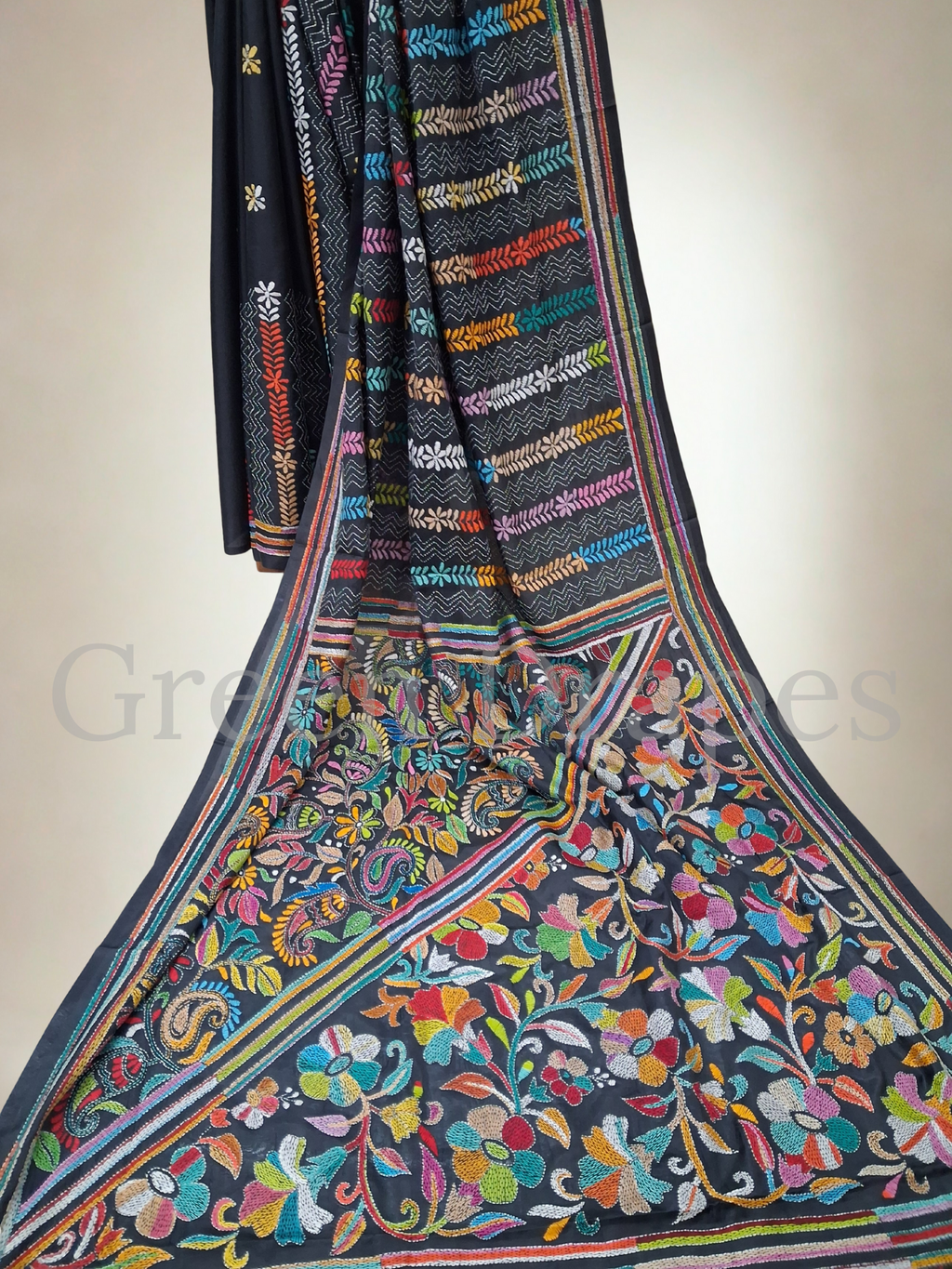 Kantha Style Multicolour Floral Vine Embroidered Art Silk Saree — Black Base