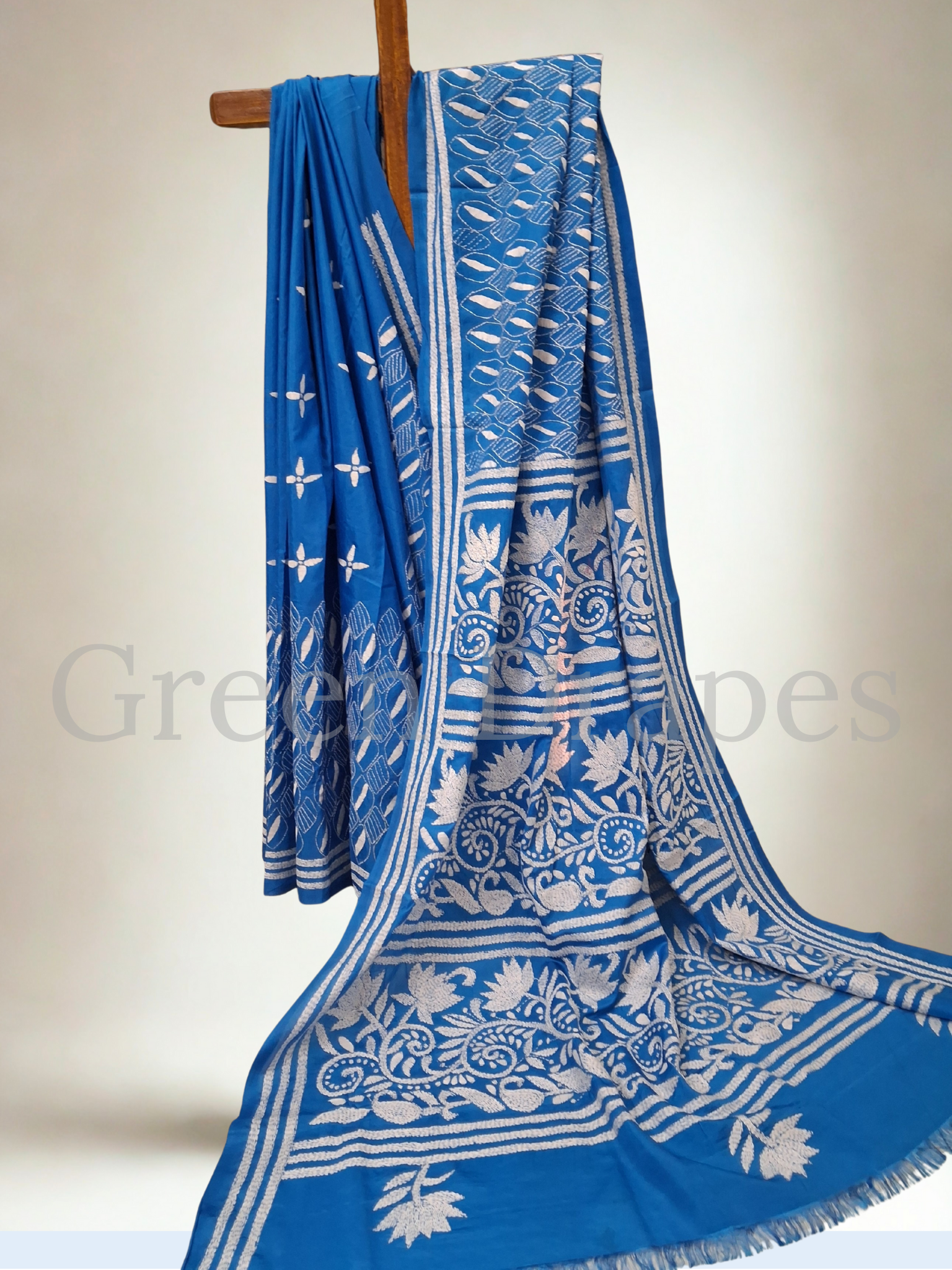 Blue Kantha Hand-Embroidered Saree (White Thread Work)