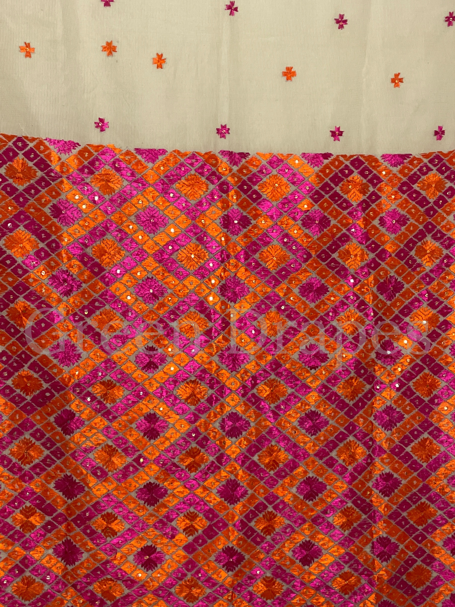 Ivory Kota Doria Saree with Pink–Orange Phulkari Embroidery | Festive & Wedding Wear