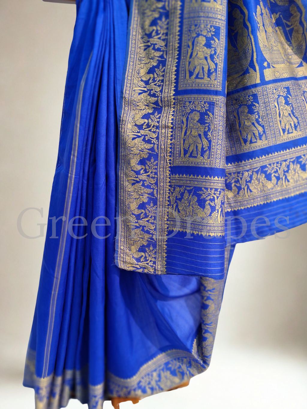 ✨ Preloved Pure Silk Baluchari Saree — Royal Blue with Antique Gold Zari