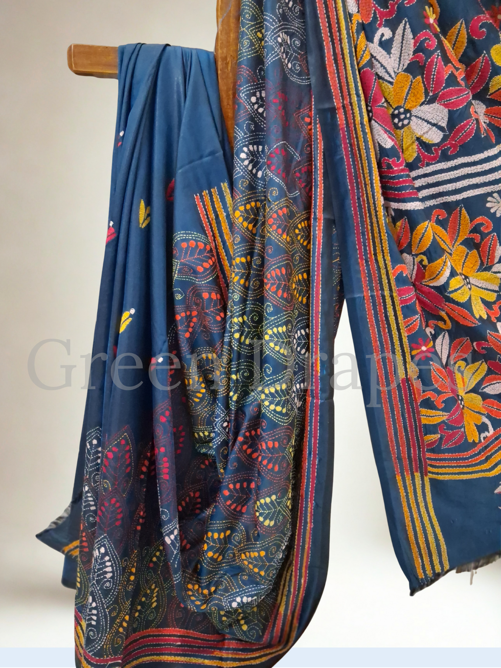 Kantha Style Floral Embroidered Art Silk Saree — Deep Blue Base