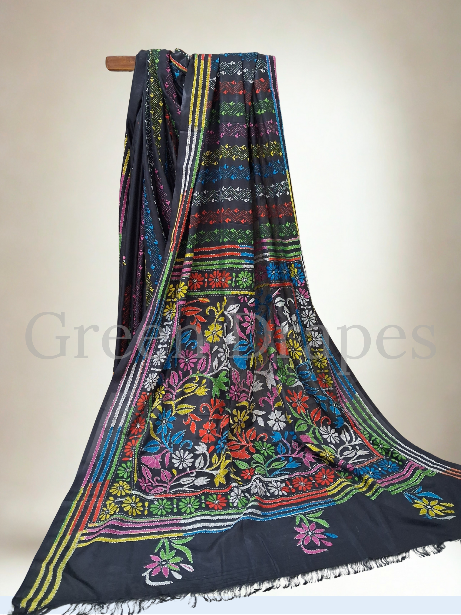 Kantha Style Multicolour Embroidered Art Silk Saree — Black Base