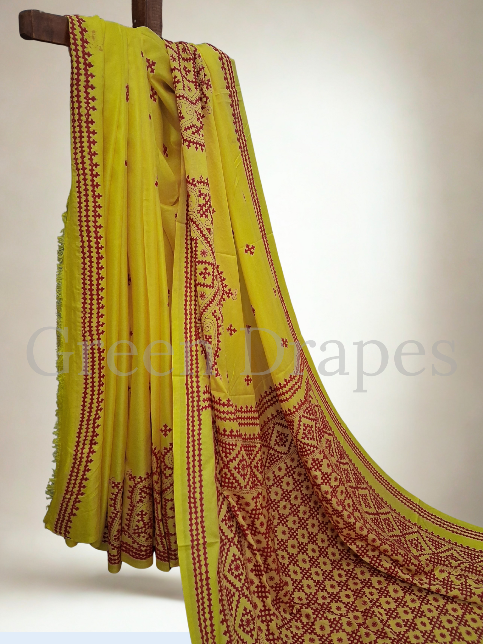 Gujarati Embroidered Blended Bangalore Silk Saree — Yellow & Red