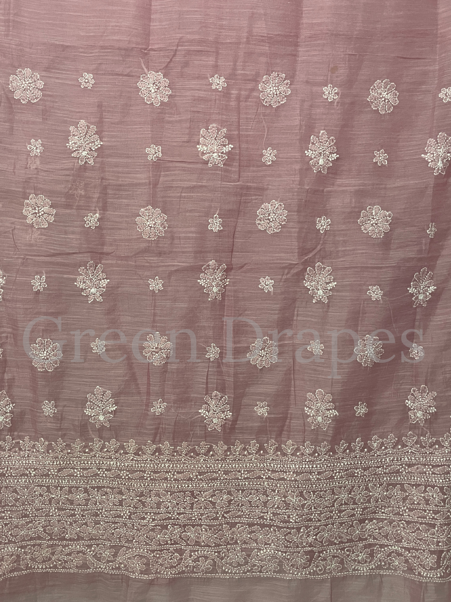 Handcrafted Mauve Pink Chikankari Organza Saree – White Floral Buti & Heavy Embroidered Border | Lucknowi Chikan Saree