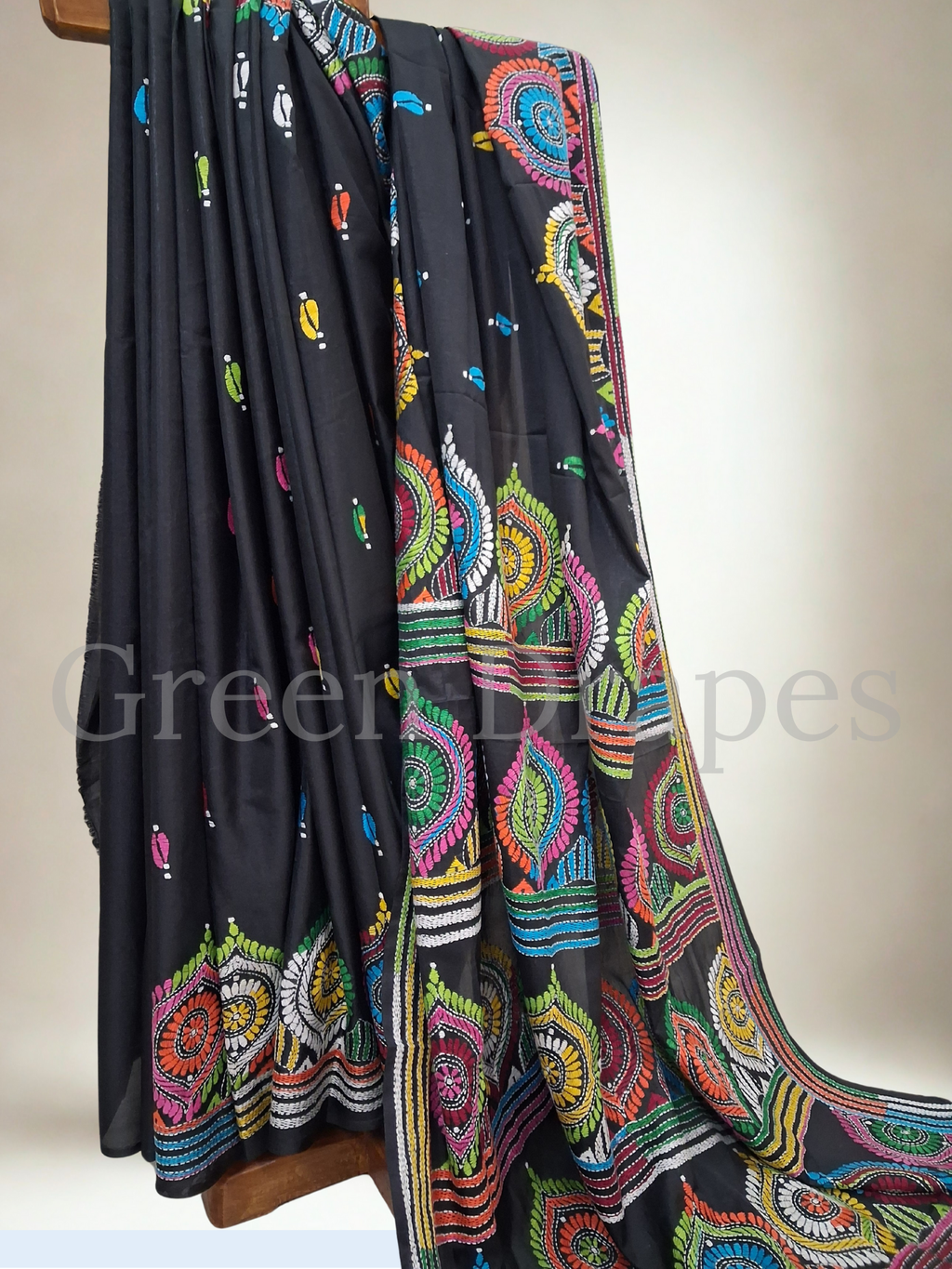 Kantha Style Multicolour Embroidered Art Silk Saree — Black Base