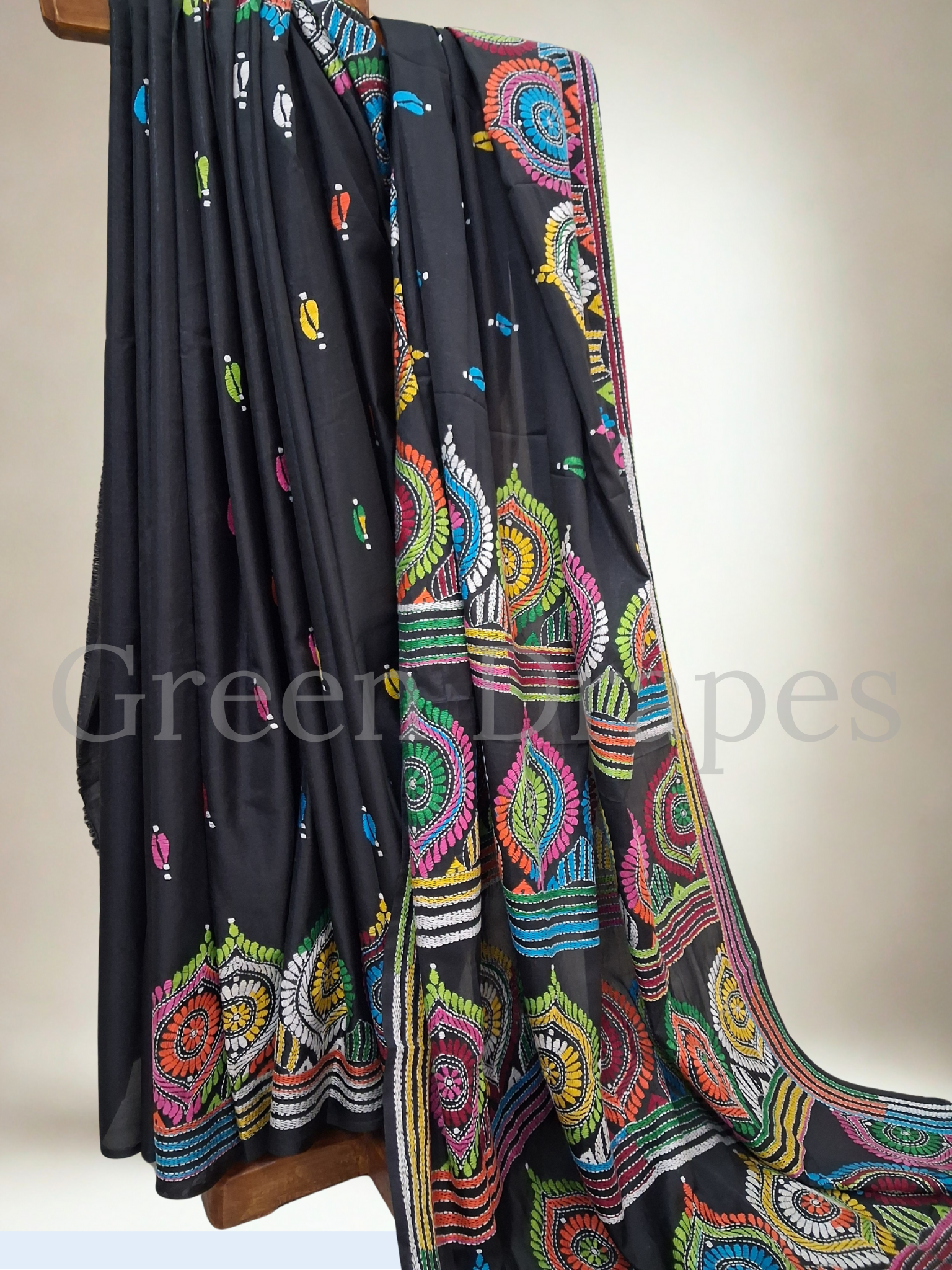 Kantha Style Multicolour Embroidered Art Silk Saree — Black Base