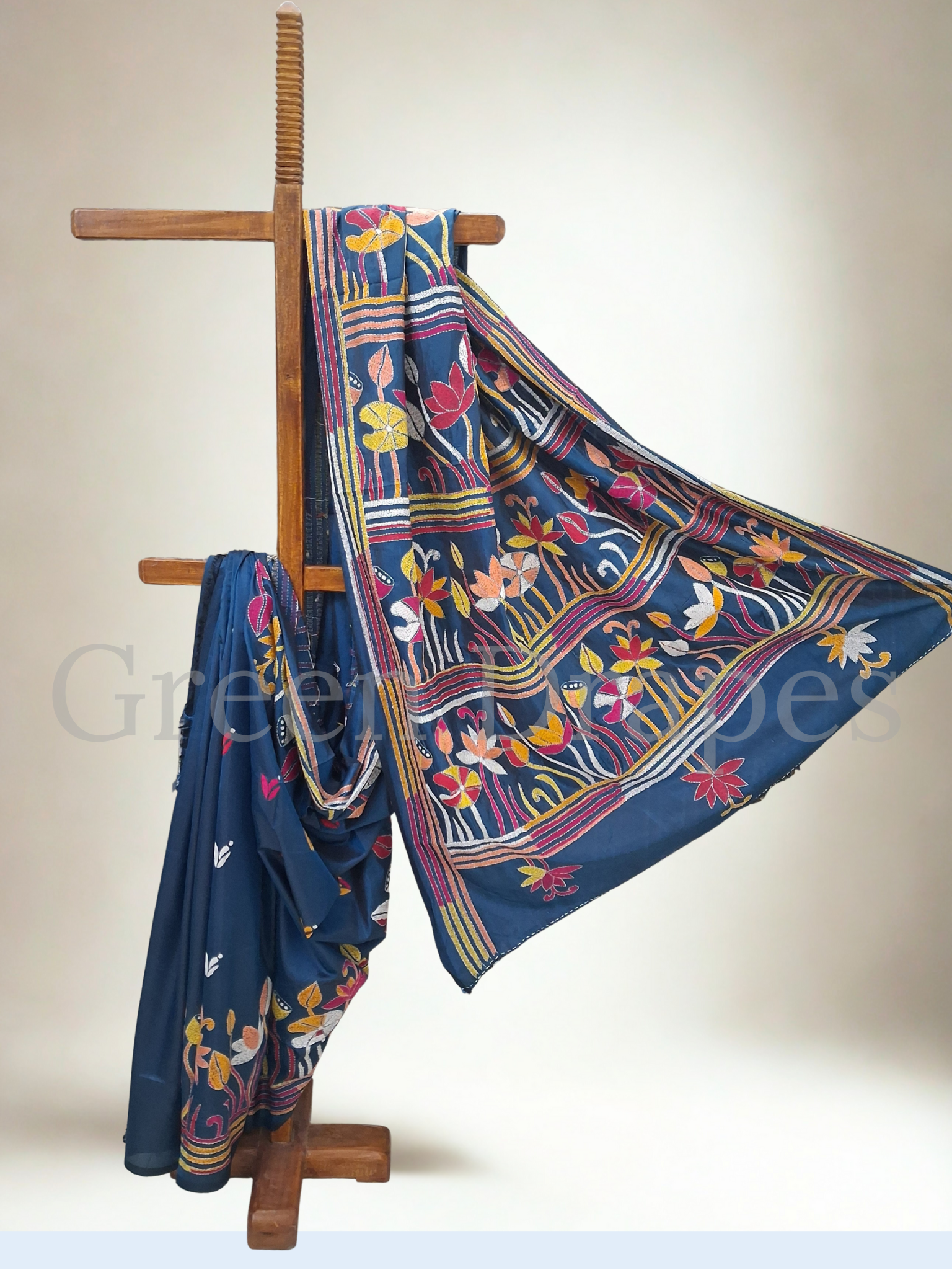 Kantha Style Lotus & Floral Embroidered Art Silk Saree — Deep Blue Base