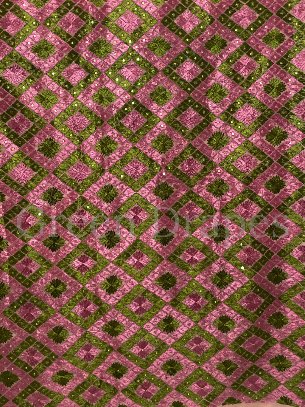 Pink & Green Phulkari Embroidered Kota Doria Saree | Lightweight Festive Wear