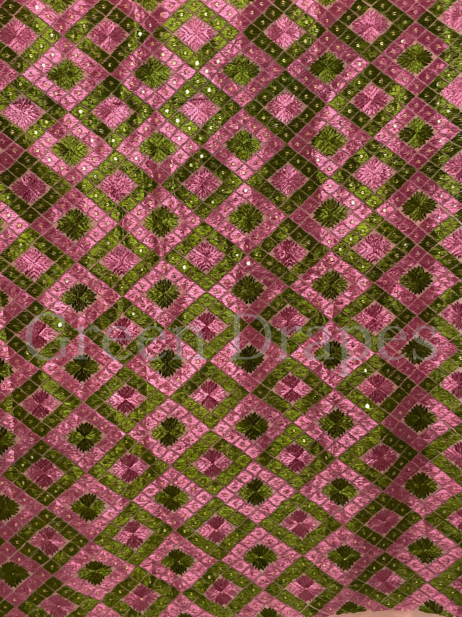 Pink & Green Phulkari Embroidered Kota Doria Saree | Lightweight Festive Wear