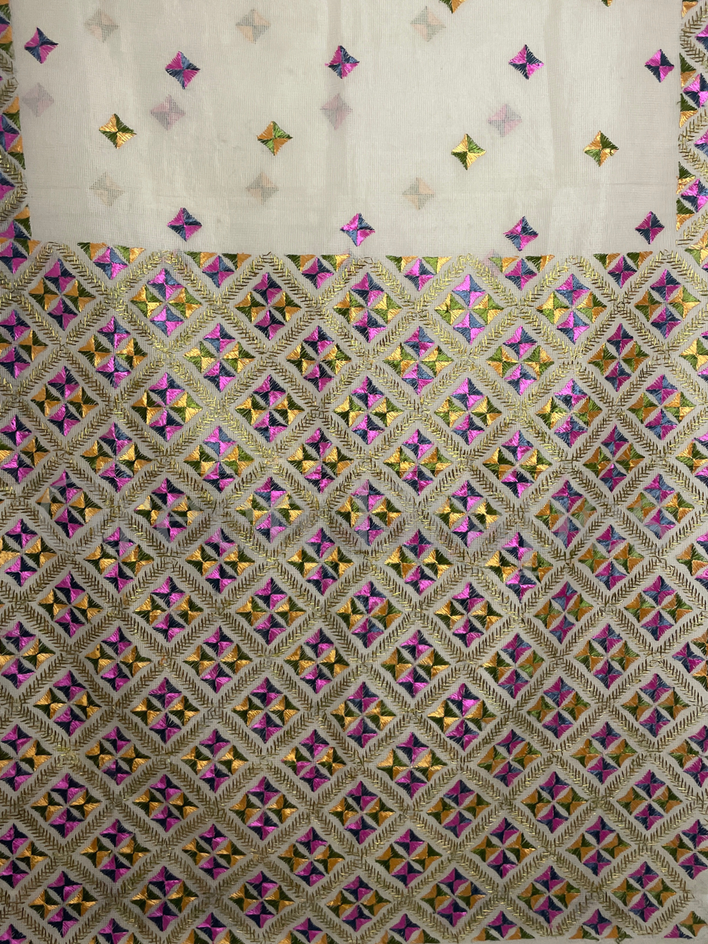 Cream Kota Doria Saree with Olive Green, Pink, Yellow & Mehendi Green Phulkari Embroidery