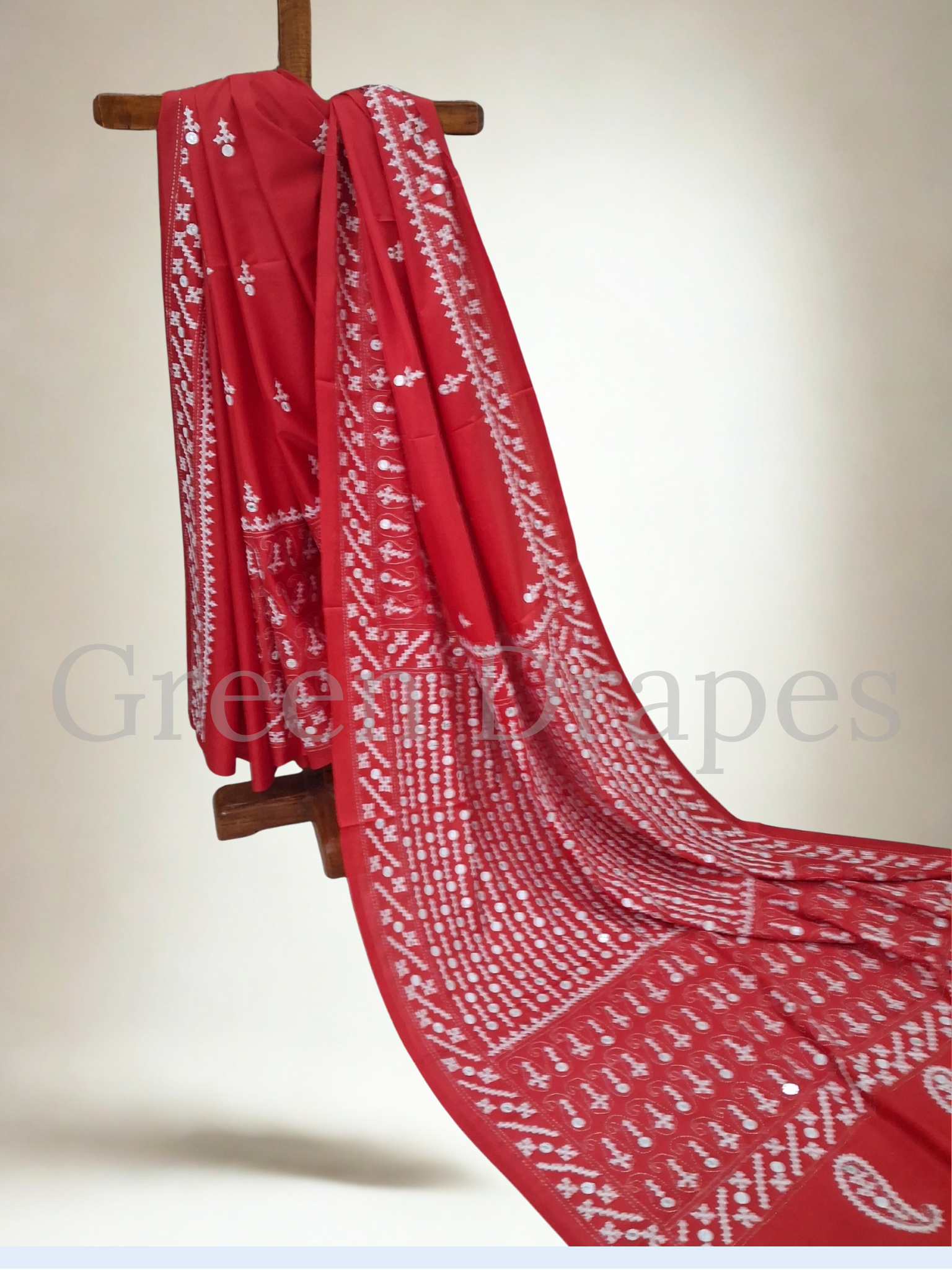 Gujarati Embroidered Art Silk Saree with Mirror Work — Red & White