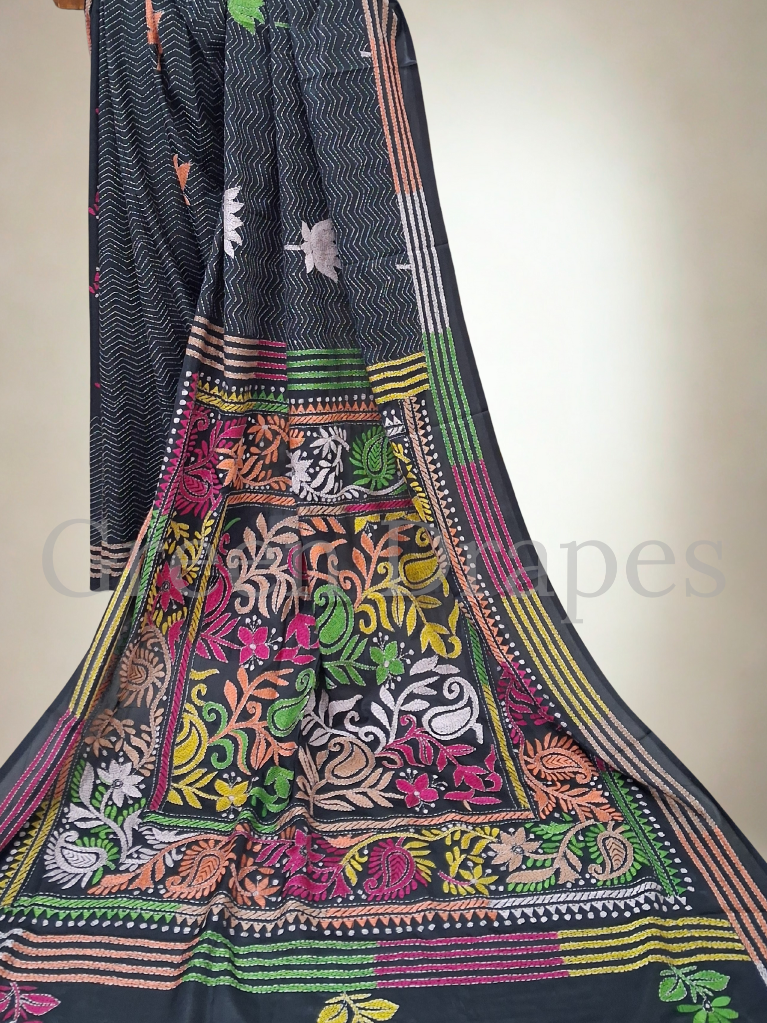 Kantha Style Floral Embroidered Art Silk Saree — Black Base
