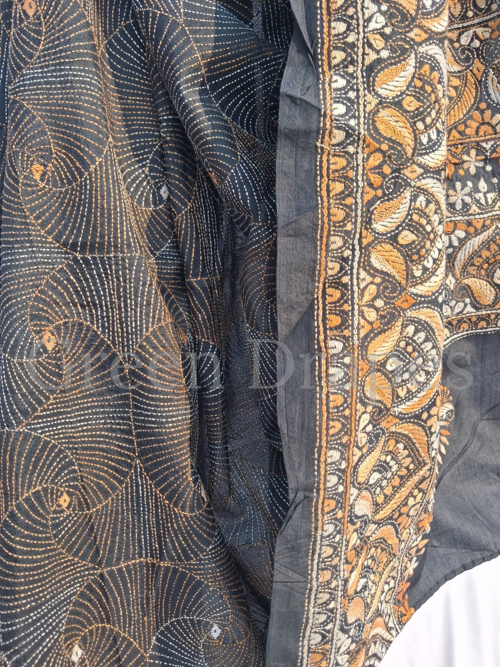 Pre-Loved Silk Kantha Saree — Black Base with Rust & Ivory Hand-Embroidered Floral Panels