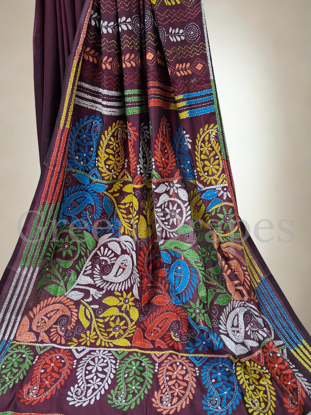 Handcrafted Kantha Saree – Deep Wine Base with Multicolour Embroidery
