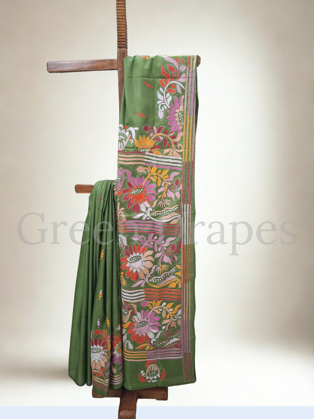 Kantha Style Multicolour Floral Embroidered Art Silk Saree — Olive Green Base