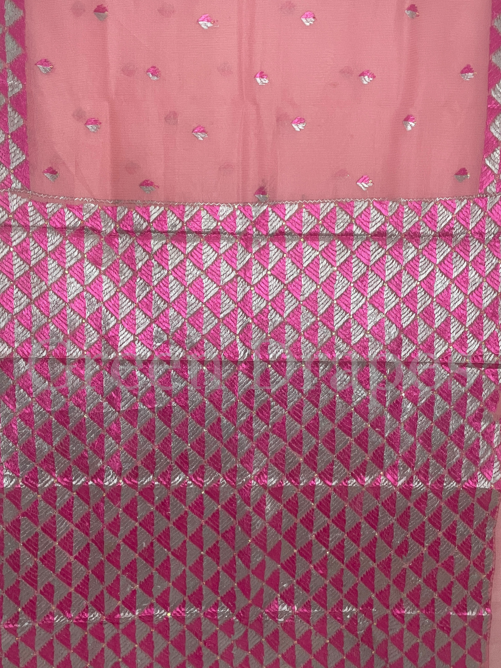 Pink Kota Doria Saree with Pink-Silver Phulkari Embroidery | Lightweight Festive Wear