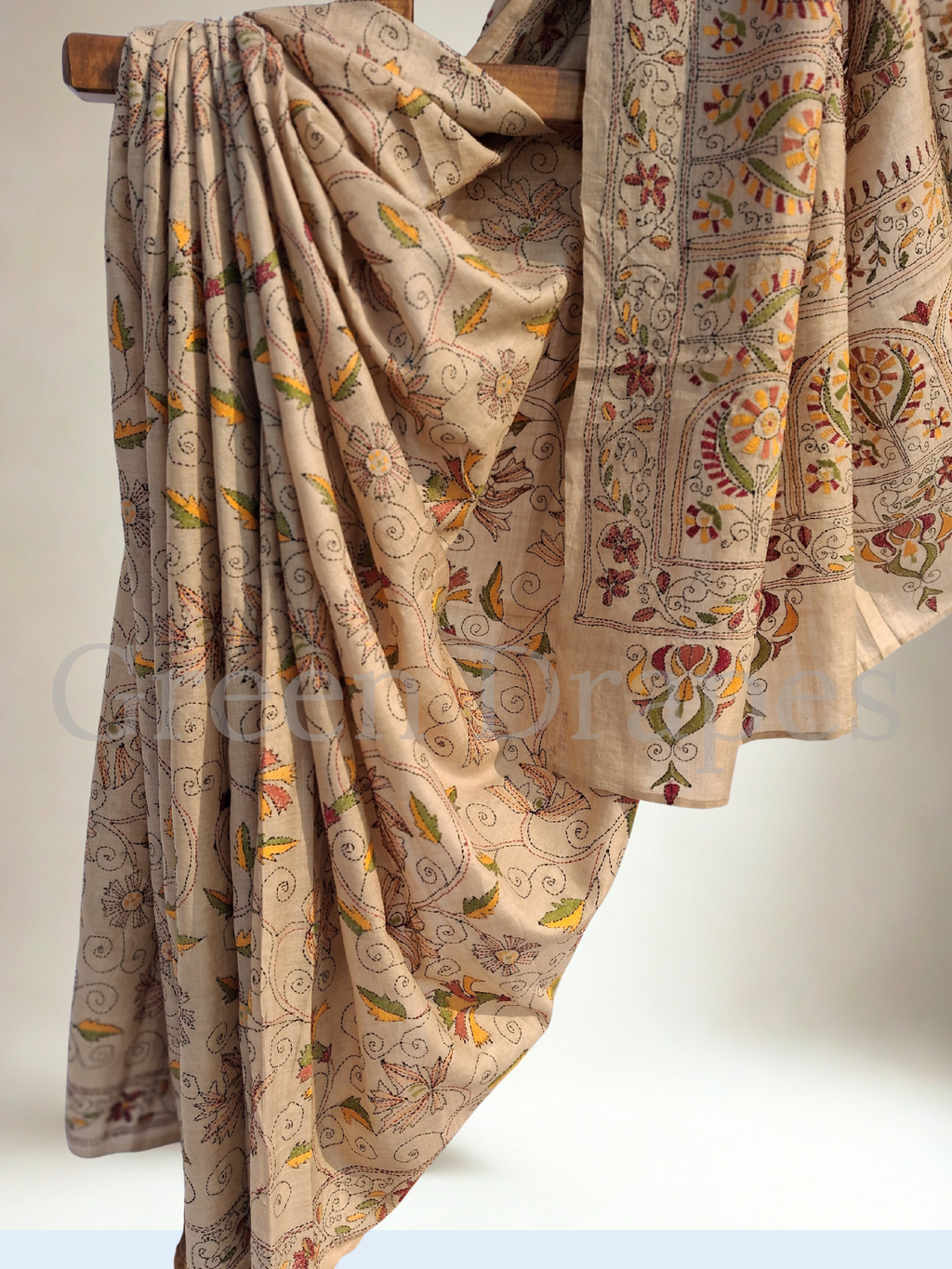 Pre-Loved Silk Kantha Saree — Beige Base with Multicolour Hand Embroidery