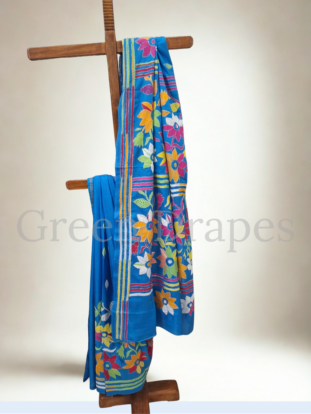 Kantha Style Multicolour Floral Embroidered Art Silk Saree — Turquoise Blue