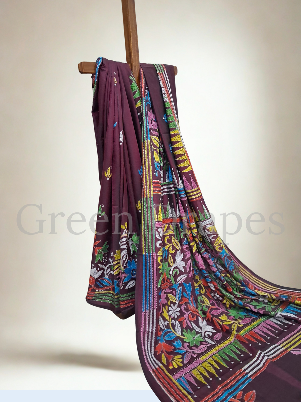 Handcrafted Kantha Saree with Multicolour Floral Embroidery — Wine / Plum Base