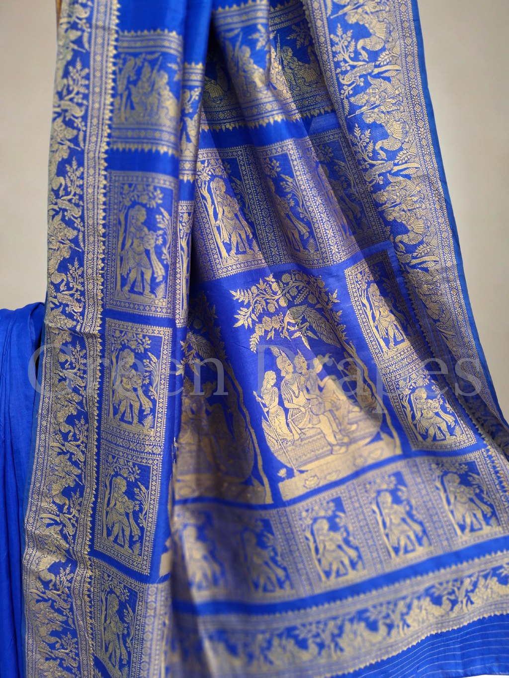 ✨ Preloved Pure Silk Baluchari Saree — Royal Blue with Antique Gold Zari