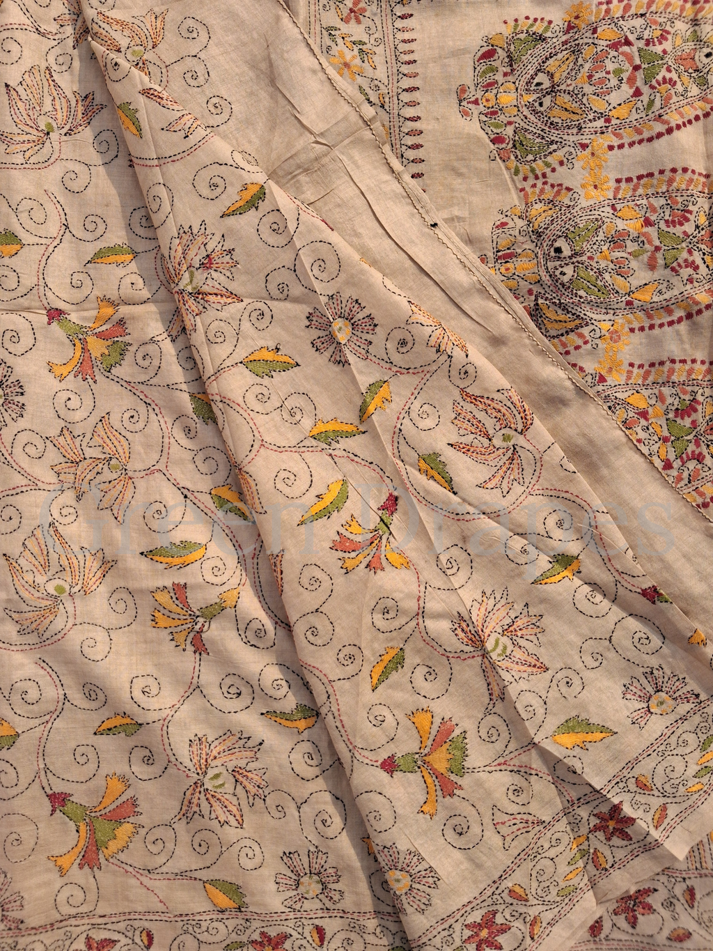 Pre-Loved Silk Kantha Saree — Beige Base with Multicolour Hand Embroidery