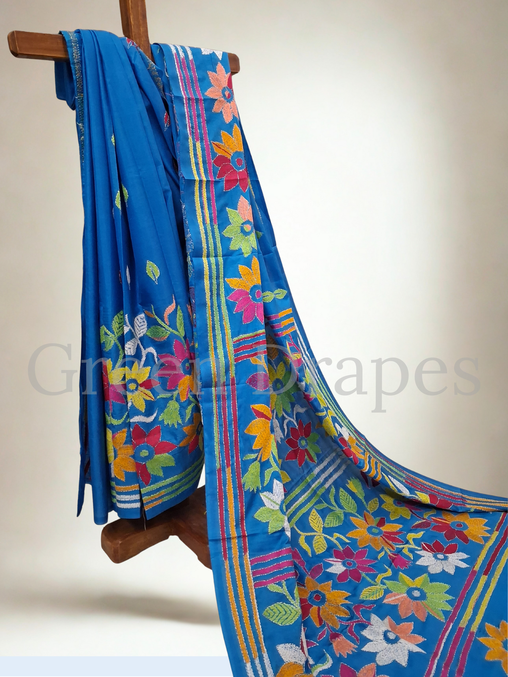 Kantha Style Multicolour Floral Embroidered Art Silk Saree — Turquoise Blue