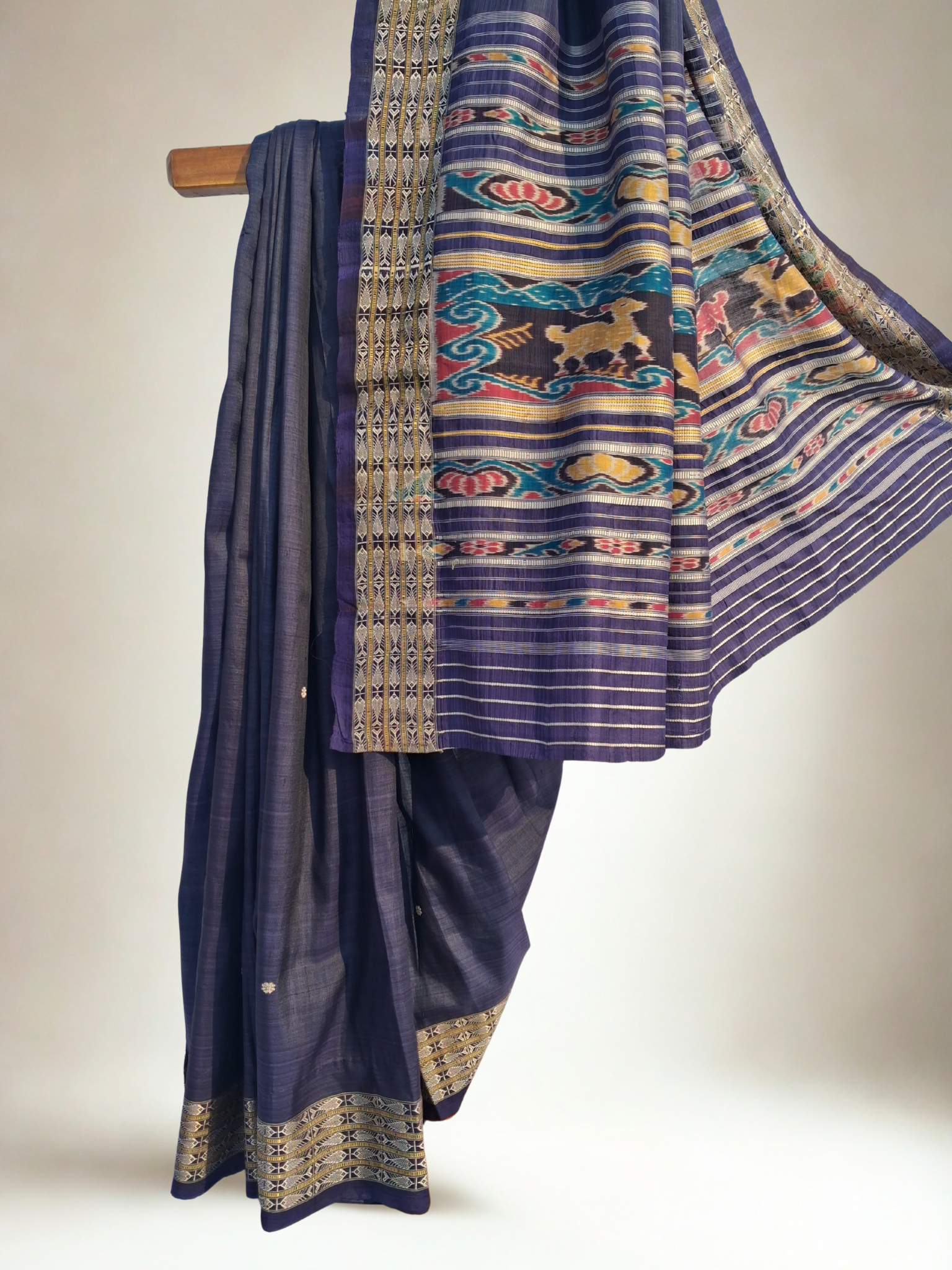 Pre-Loved Odisha Ikat Silk Saree — Ink Blue Body with Zari Border & Traditional Ikat Pallu
