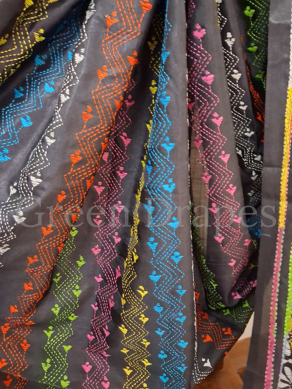 Kantha Style Multicolour Embroidered Art Silk Saree — Black Base