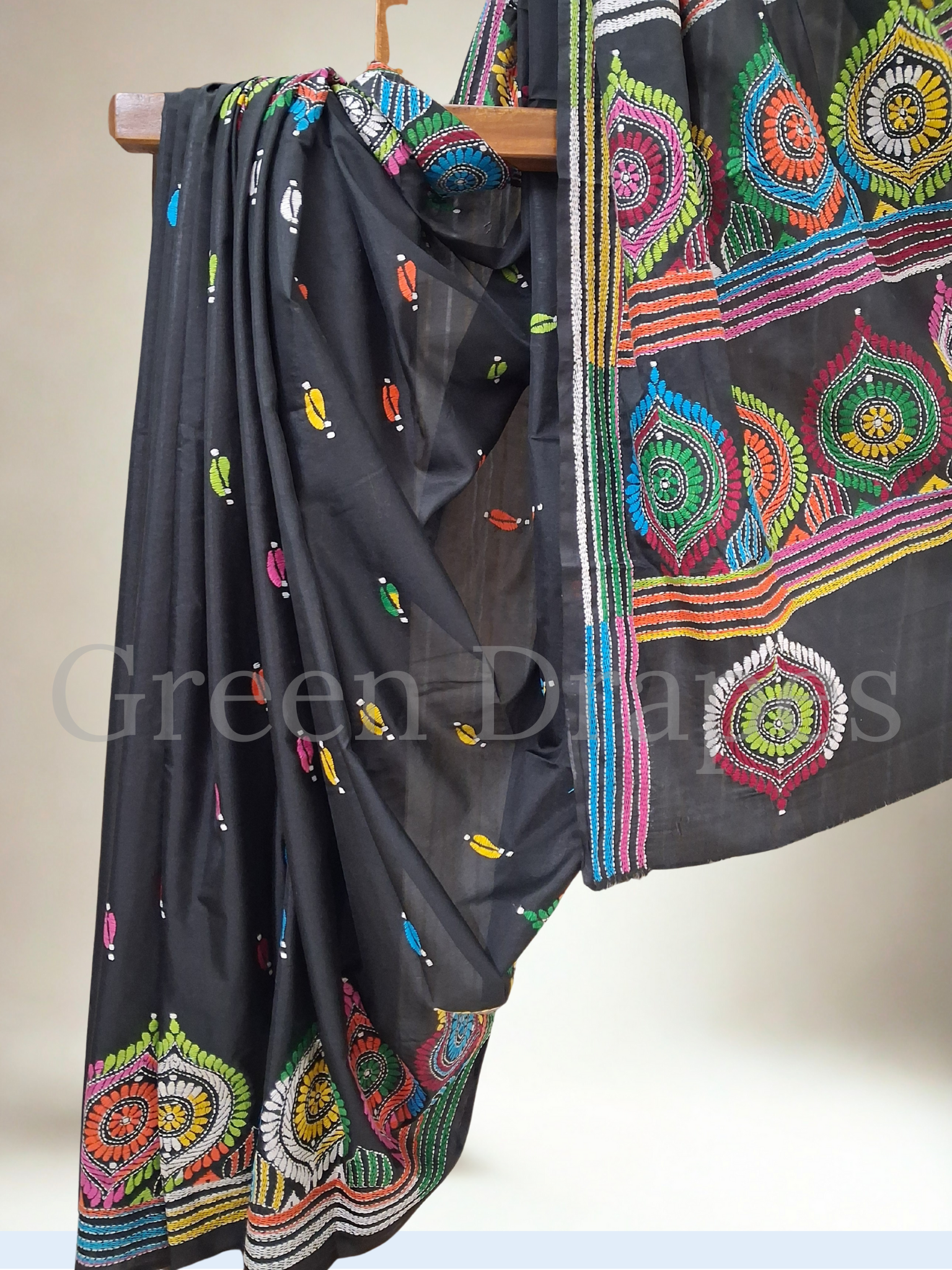 Kantha Style Multicolour Embroidered Art Silk Saree — Black Base
