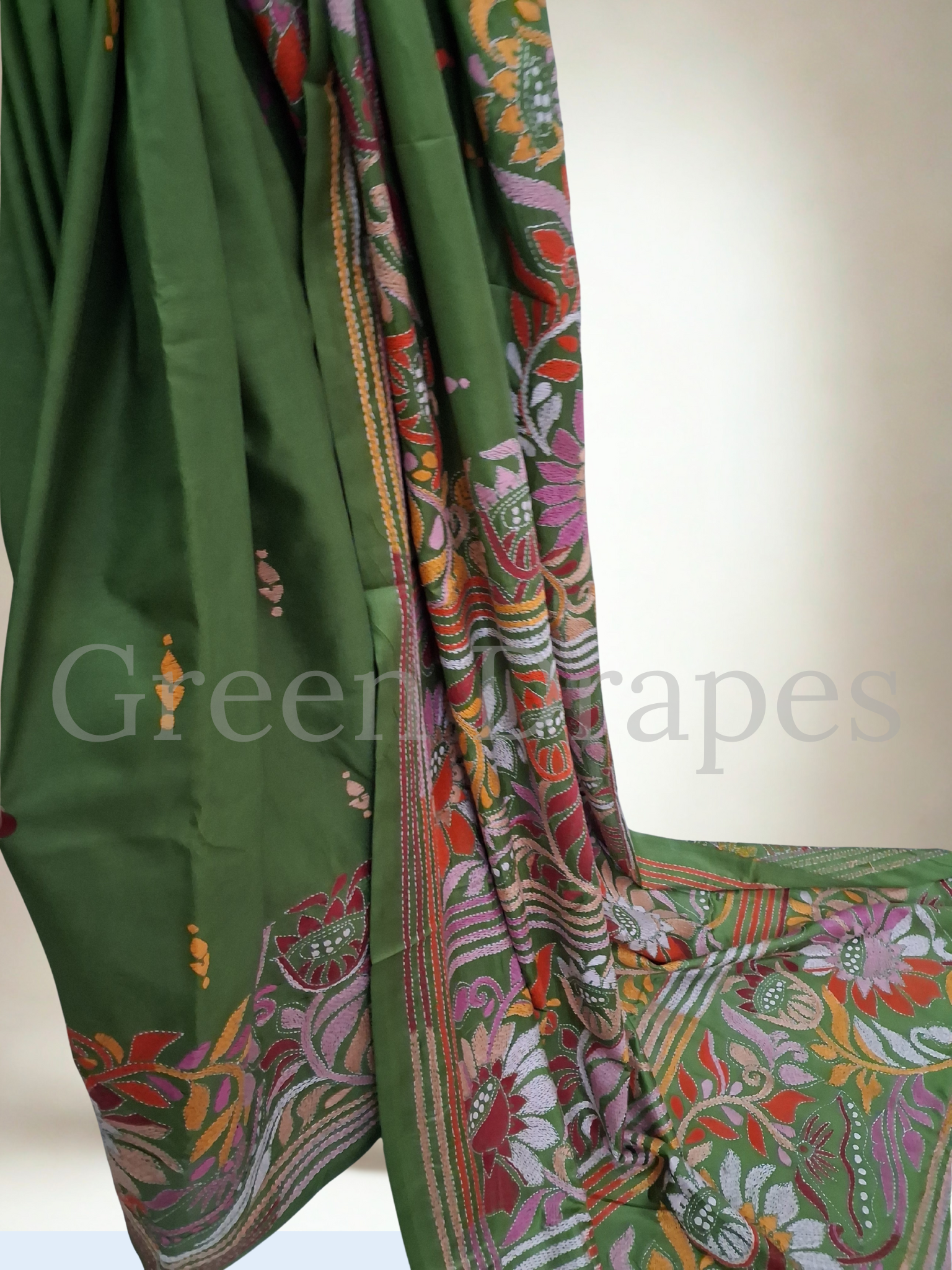 Kantha Style Multicolour Floral Embroidered Art Silk Saree — Olive Green Base