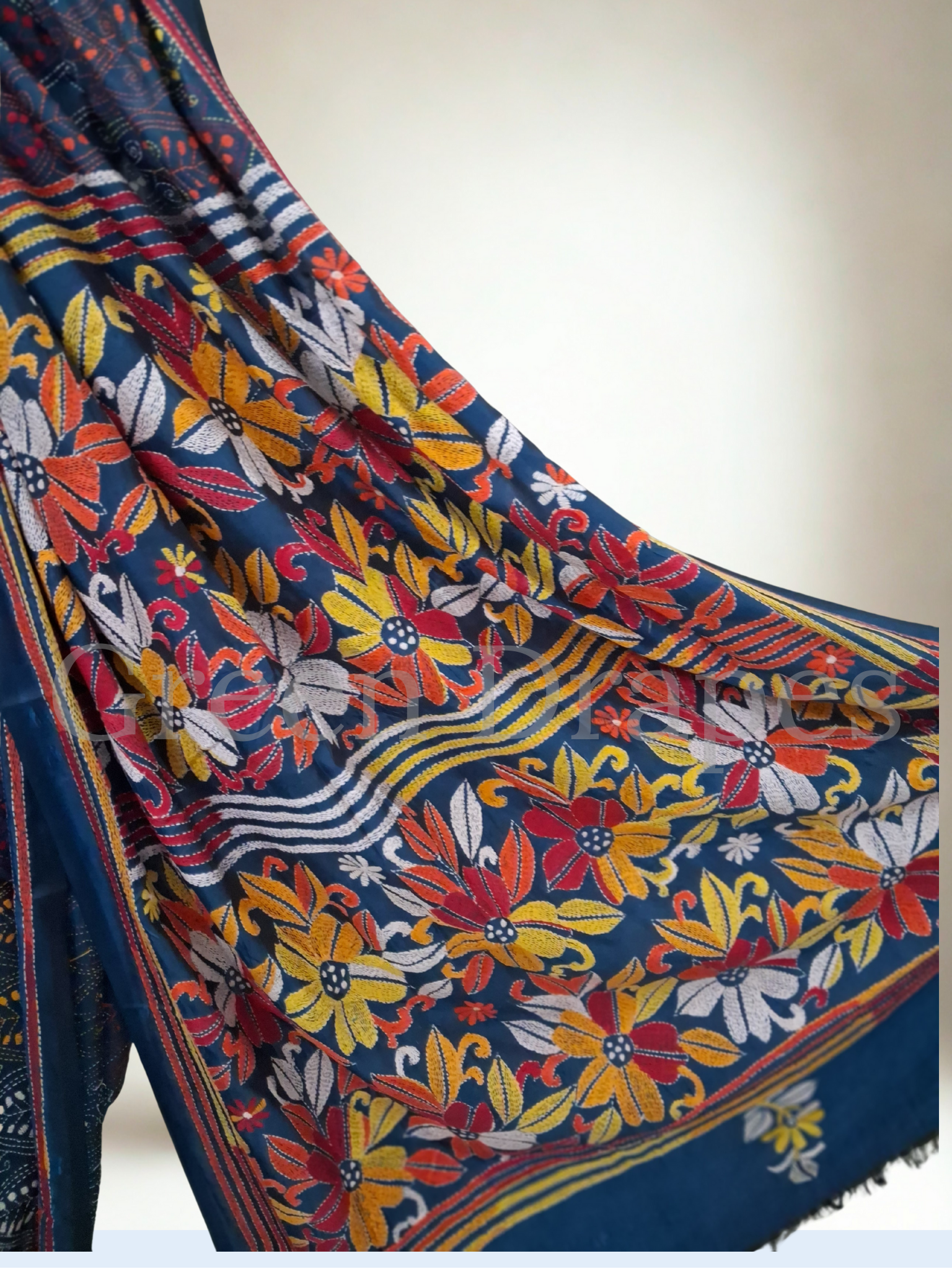 Kantha Style Floral Embroidered Art Silk Saree — Deep Blue Base