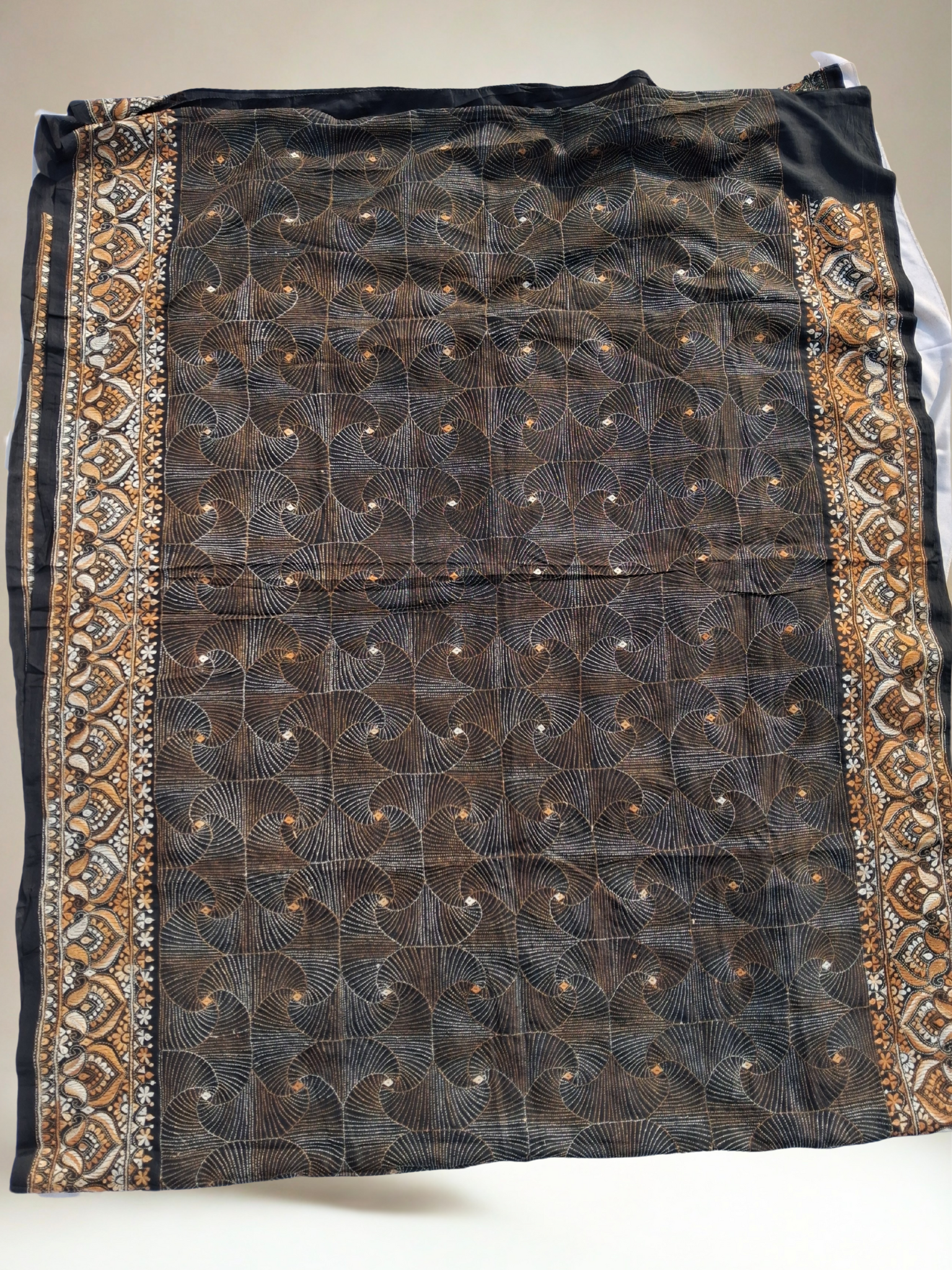 Pre-Loved Silk Kantha Saree — Black Base with Rust & Ivory Hand-Embroidered Floral Panels