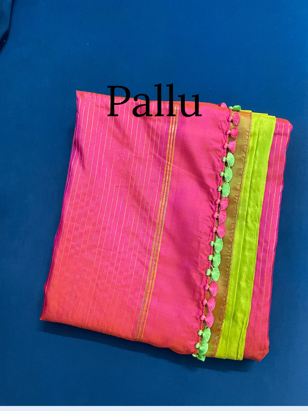 Pre-Loved Silk Saree — Dual Tone Lime Green & Pink with Contrast Stripes and Handmade Saree Kuchu
