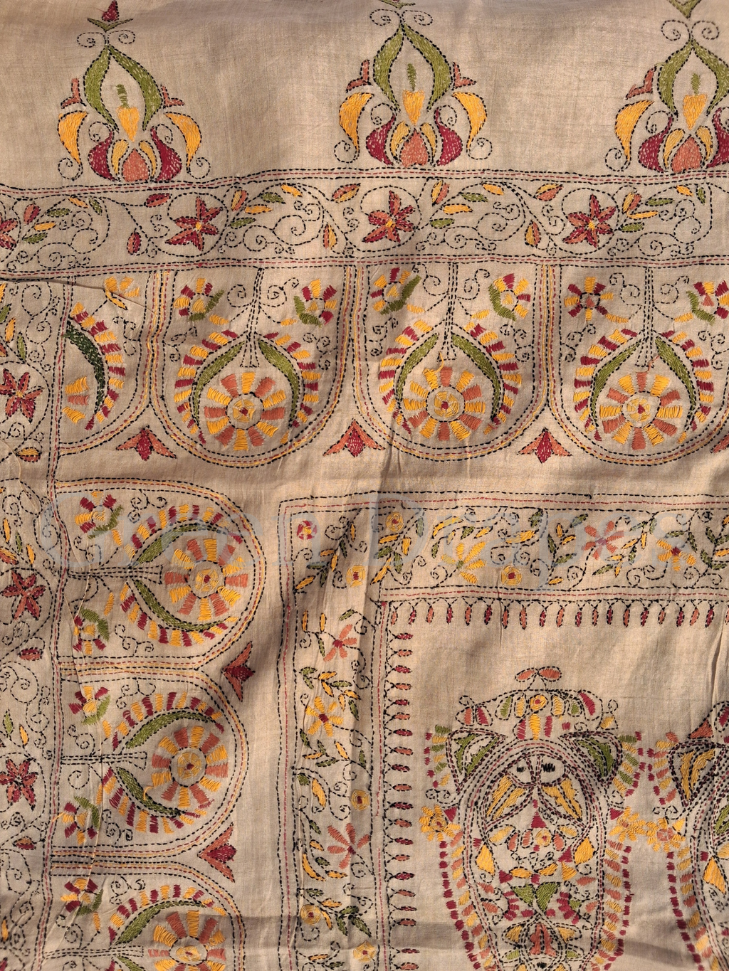 Pre-Loved Silk Kantha Saree — Beige Base with Multicolour Hand Embroidery