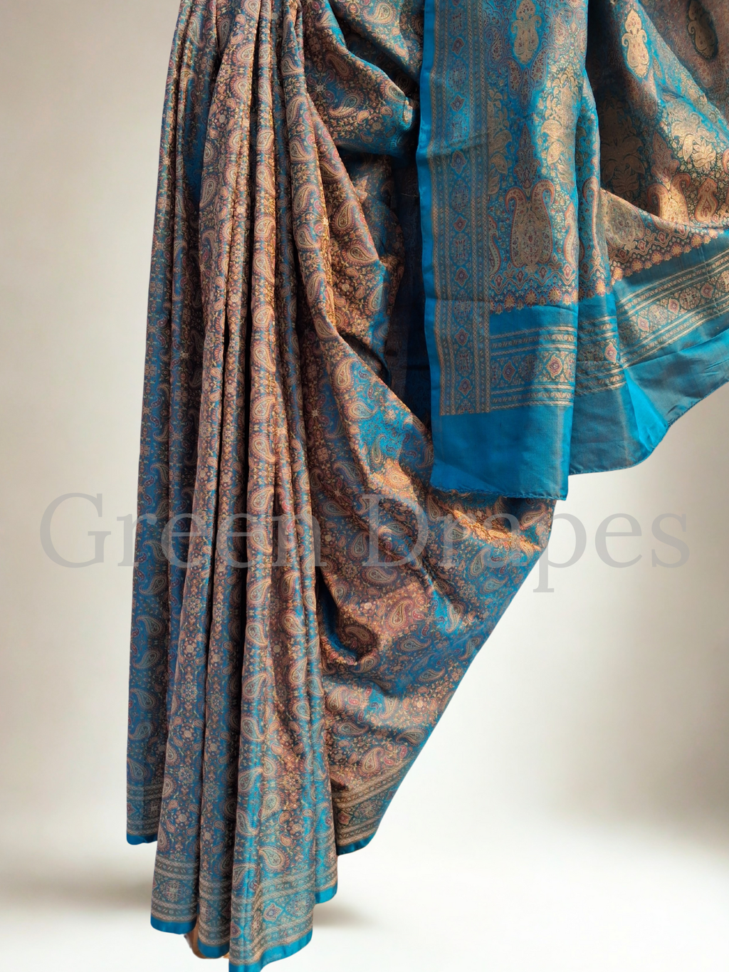 Pre-Loved Silk Saree — Teal Blue & Antique Bronze All-Over Paisley Jaal with Ornate Pallu