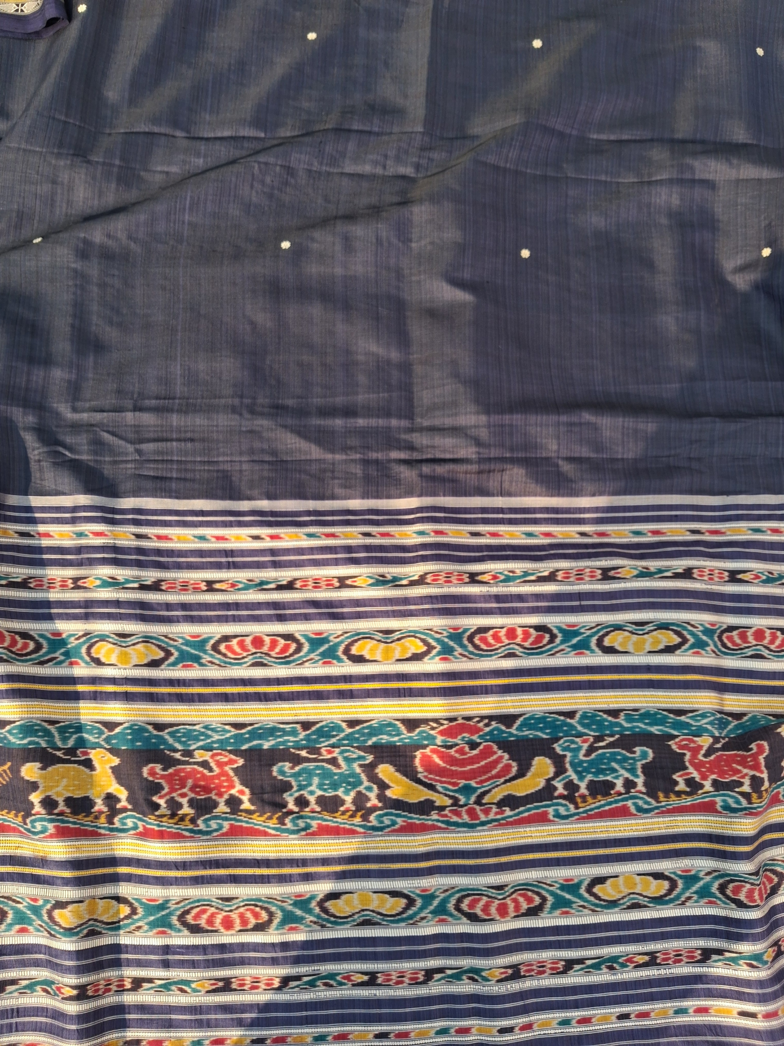 Pre-Loved Odisha Ikat Silk Saree — Ink Blue Body with Zari Border & Traditional Ikat Pallu