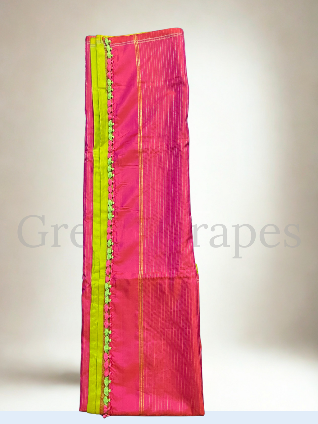 Pre-Loved Silk Saree — Dual Tone Lime Green & Pink with Contrast Stripes and Handmade Saree Kuchu