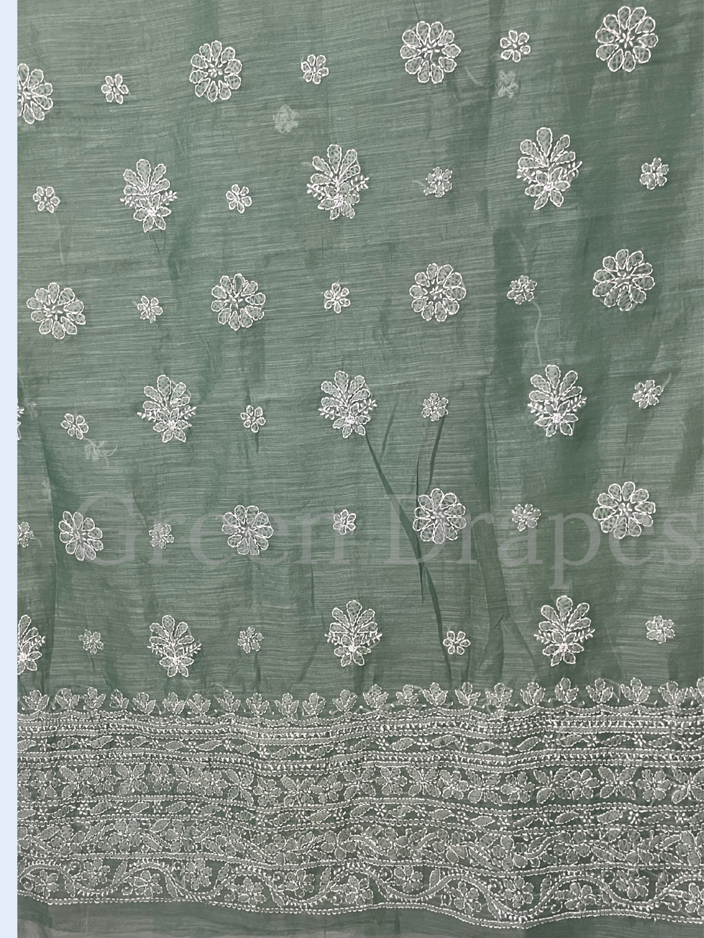 Handcrafted Dusty Mint Green Chikankari Organza Saree – White Floral Buti & Heavy Embroidered Border | Lucknowi Chikan Saree