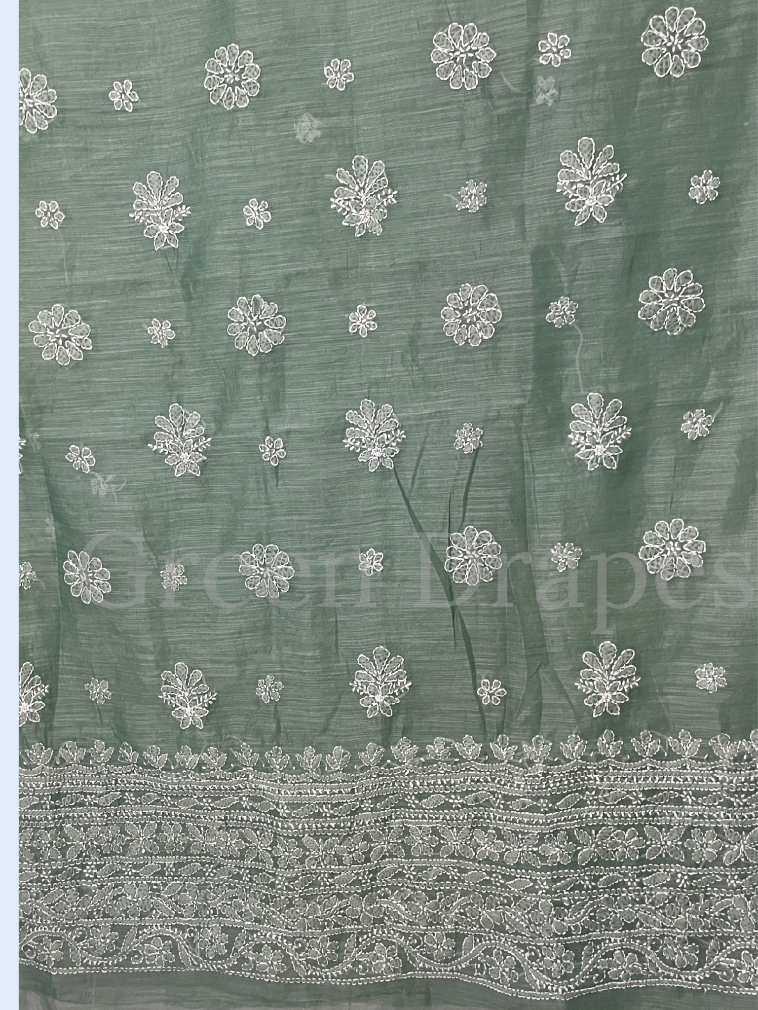 Handcrafted Dusty Mint Green Chikankari Organza Saree – White Floral Buti & Heavy Embroidered Border | Lucknowi Chikan Saree